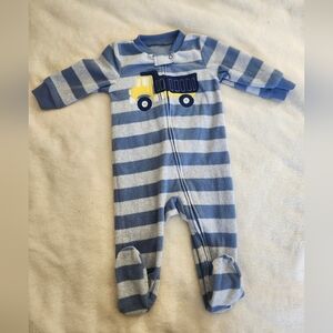Carter's Blue and Gray Striped Footed One-Piece with Yellow Truck Applique